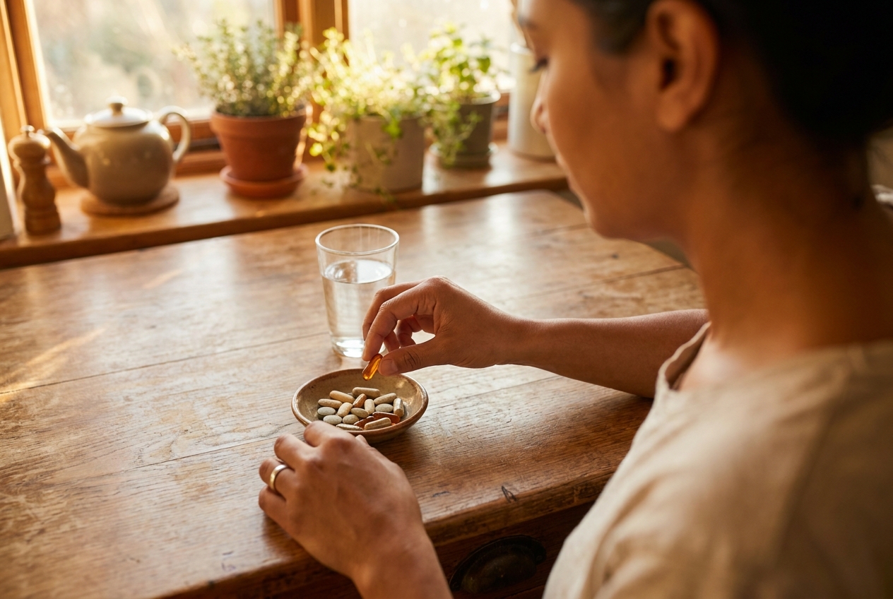 Close-up of a Latina woman's hands sorting natural supplement capsules into a ceramic dish.