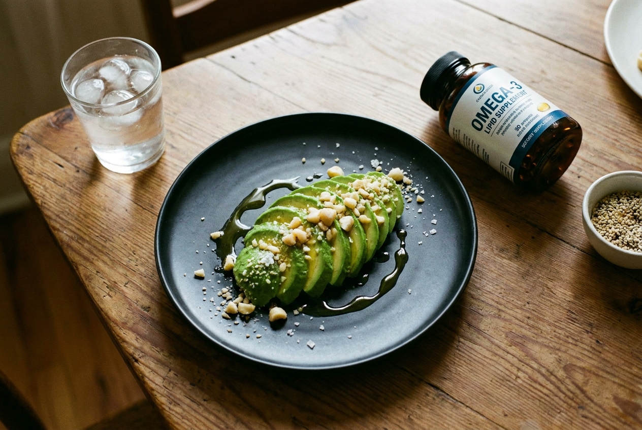 A plate of sliced avocados with olive oil and nuts on a wooden table.