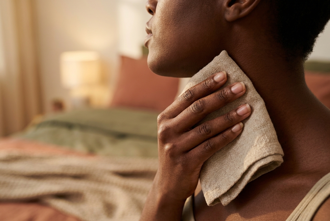 A person's hand gently holds a textured linen cloth to their neck.