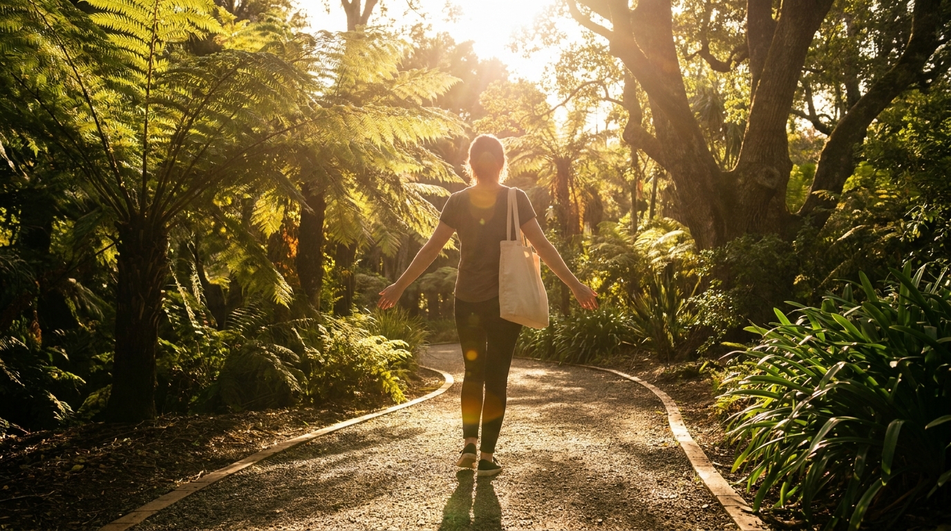Silhouette of a person walking through a bright, lush green botanical garden.