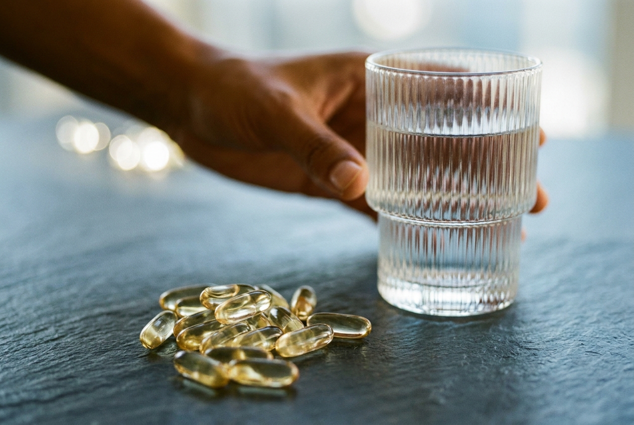 Close-up of translucent supplement capsules resting next to a glass of water on a textured slate counter.