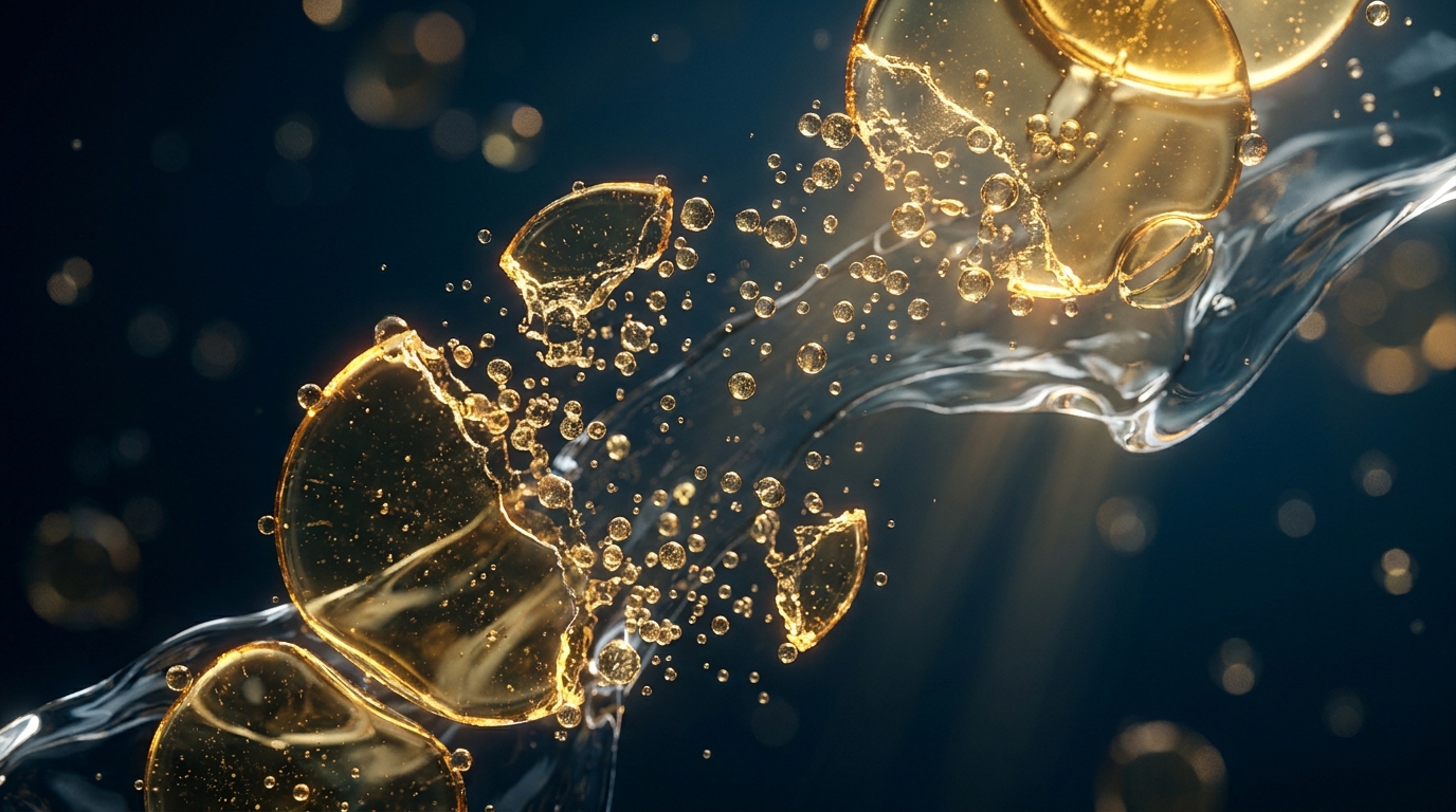 Abstract visualization of golden lipid oil droplets breaking apart in blue liquid.