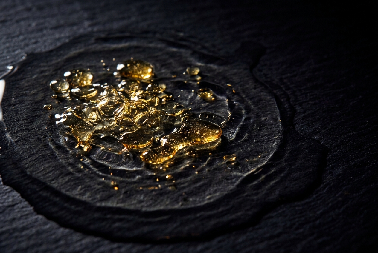 Golden oil droplets dissolving into clear water on a dark slate surface.