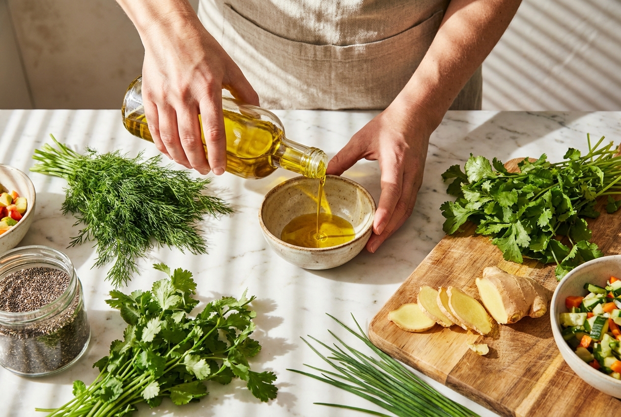 Hands pouring olive oil near fresh herbs and ginger on a marble counter.