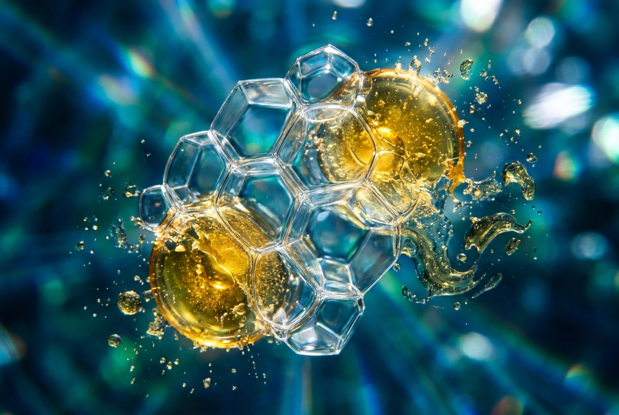 Abstract macro photography of golden oil droplets breaking apart in deep blue fluid.