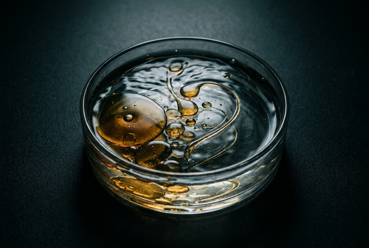 A high-speed macro photograph of oil droplets breaking apart in clear water.