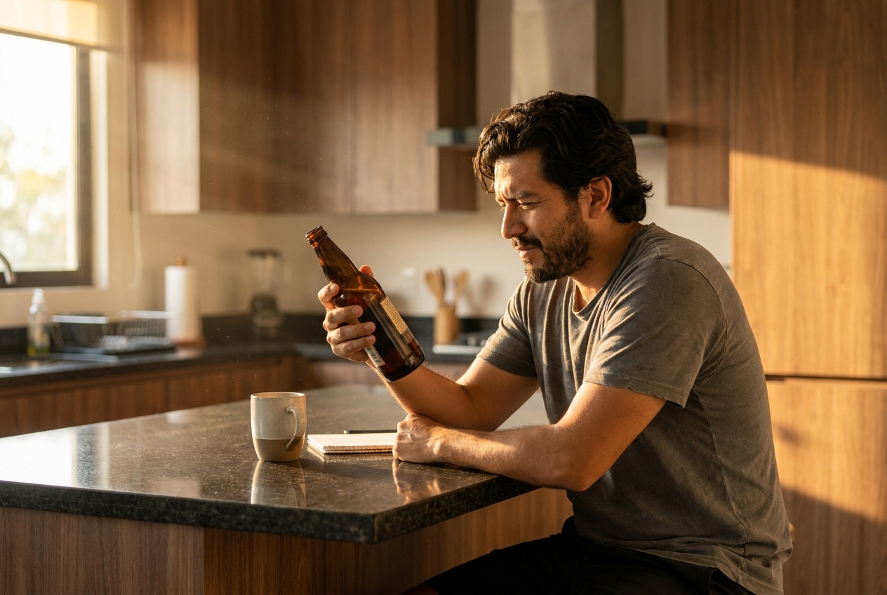 Man thoughtfully examining a supplement bottle in a kitchen