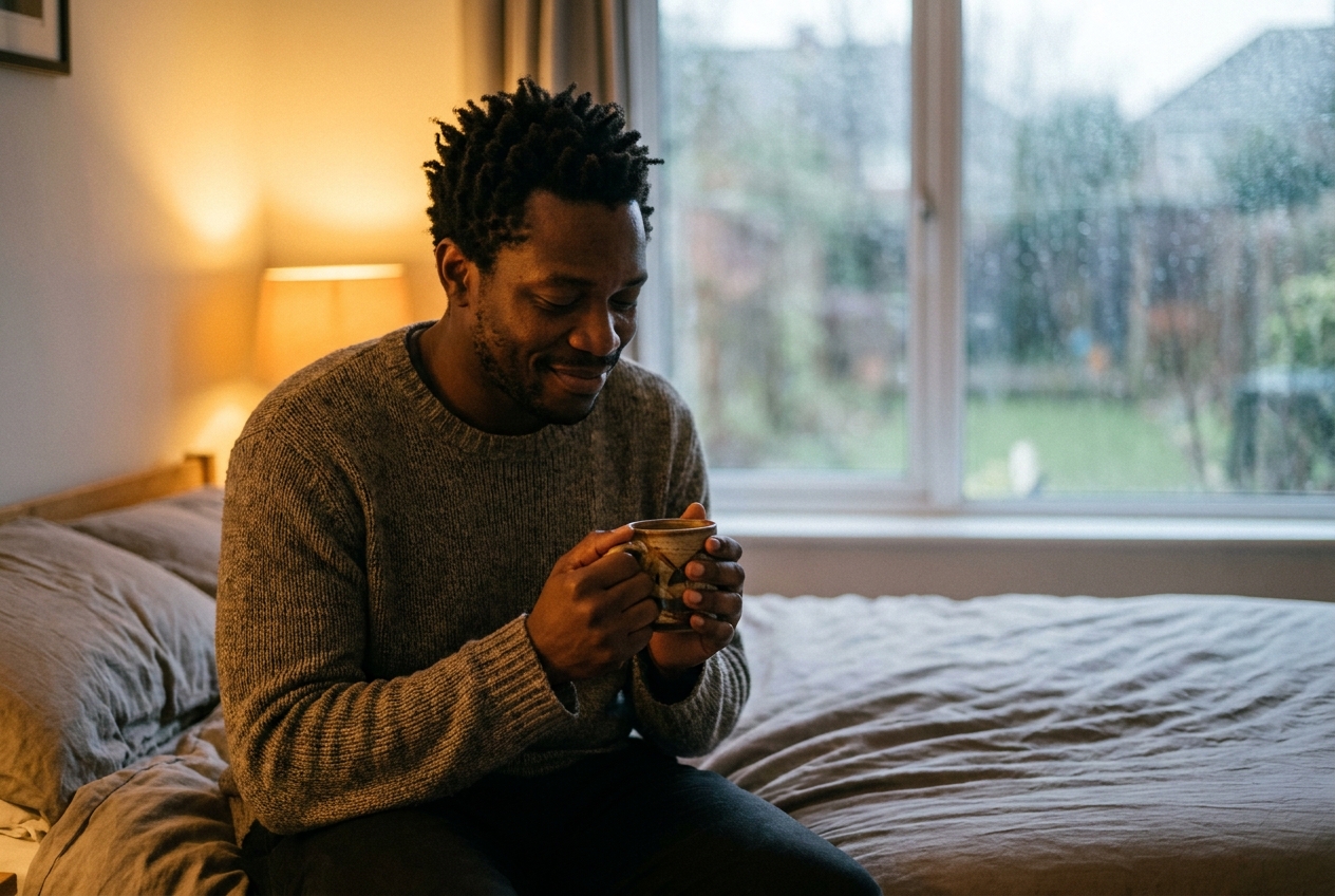 An African American man sitting peacefully on a bed, holding a warm mug of herbal tea.