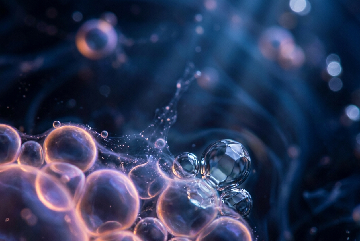 Macro photograph of glowing spherical oil droplets merging and dissolving in a deep blue fluid.
