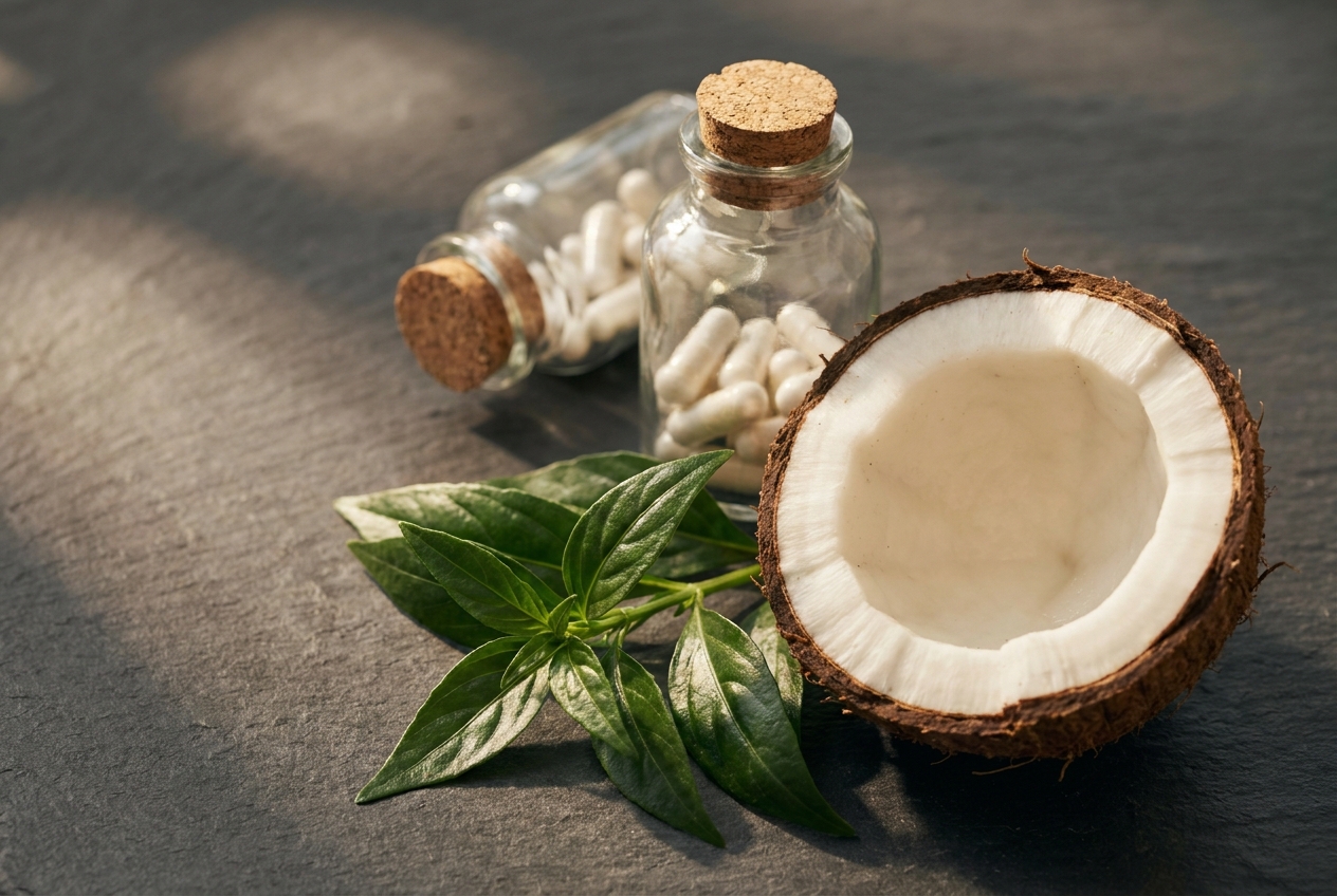 Halved coconut, green leaves, and two glass apothecary bottles on a dark slate surface.
