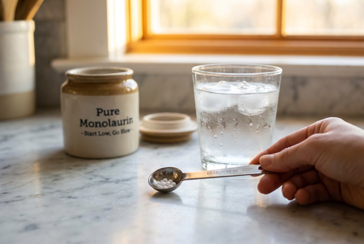A small measuring spoon holding tiny white monolaurin pellets next to a glass of water.