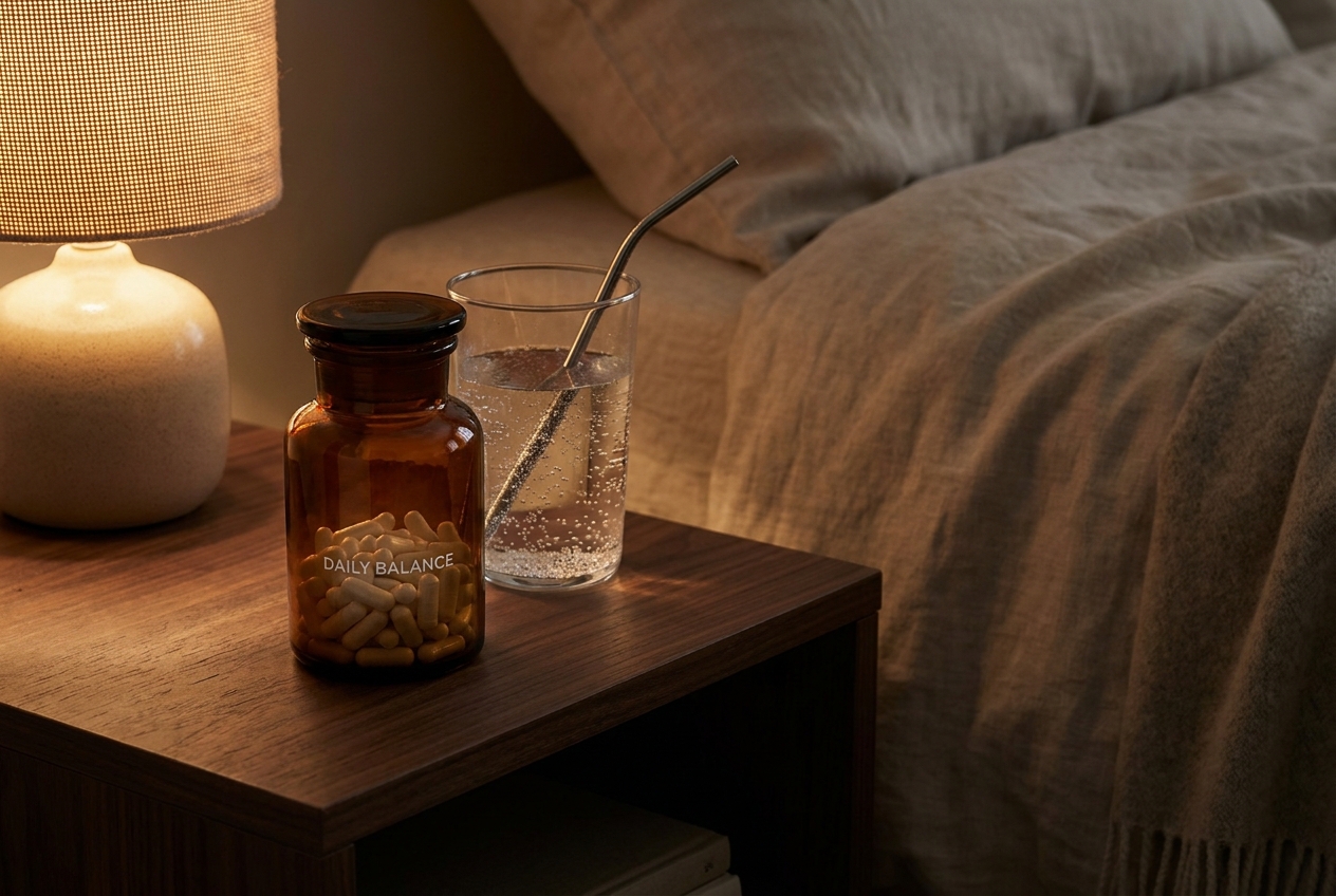 An amber glass supplement jar and a glass of water on a wooden bedside table.