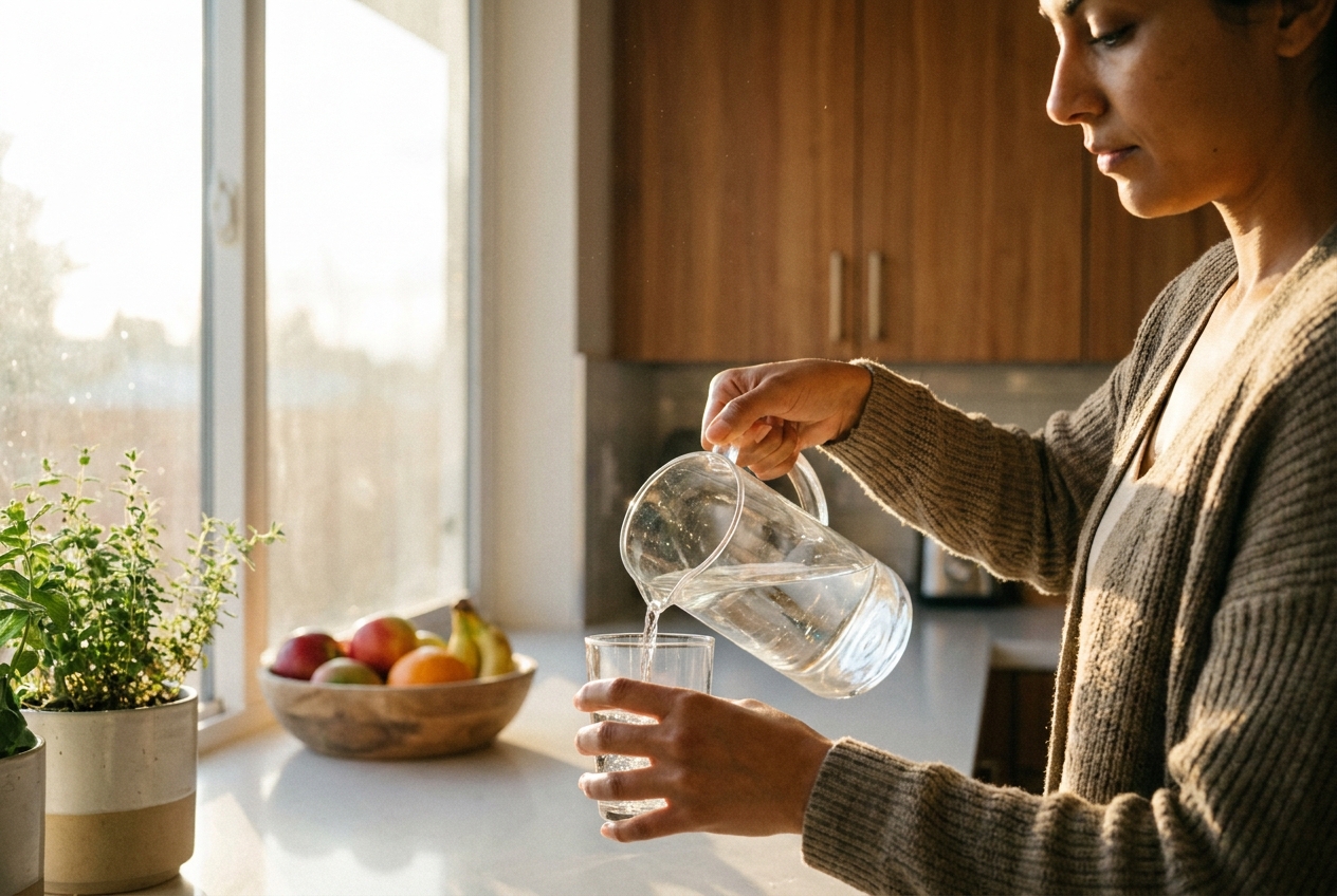 Close-up of a woman's hands pouring filtered water from a glass pitcher in a sunlit kitchen.