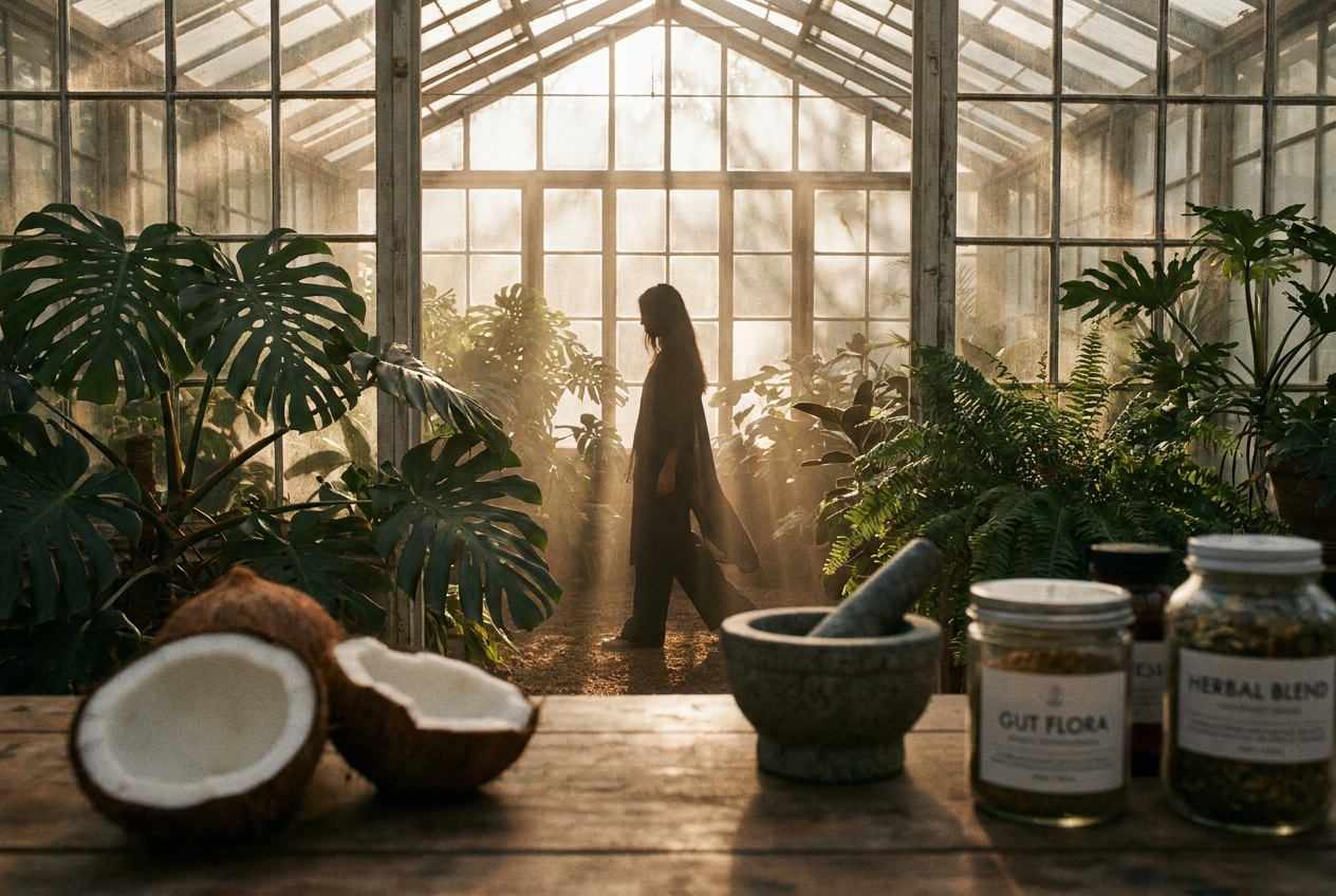 A sunlit indoor greenhouse with tropical plants and raw coconuts.