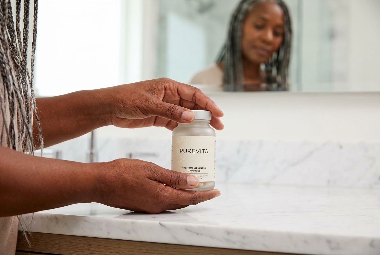 Hands holding a frosted glass supplement bottle on a clean marble vanity.