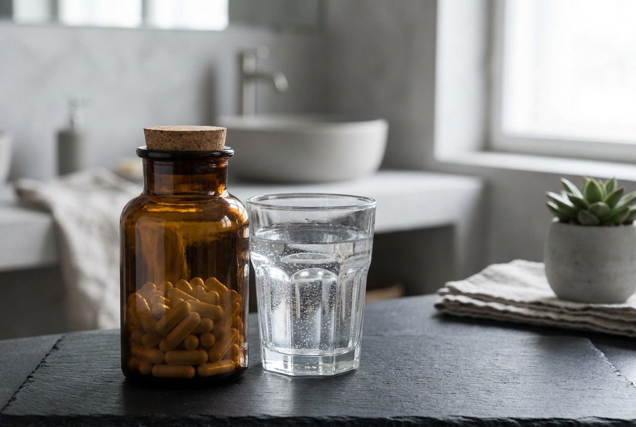 An amber glass bottle of capsules beside a glass of water on a slate counter.