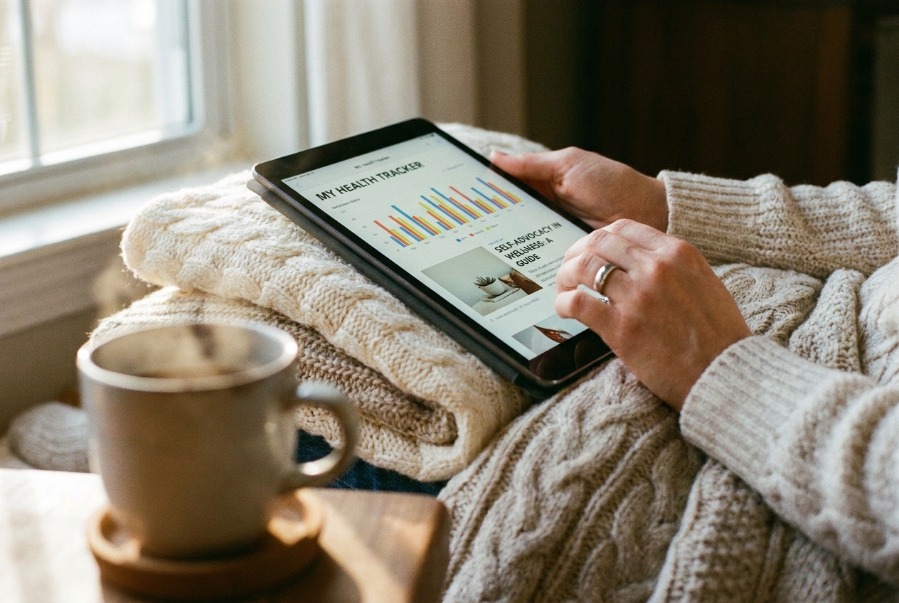 A person's hands holding a digital tablet displaying wellness charts in a cozy setting.