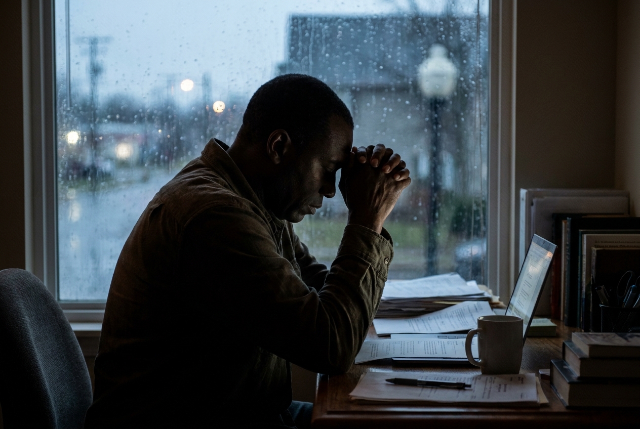 Silhouette of a man resting his head on his hands at a dimly lit wooden desk.