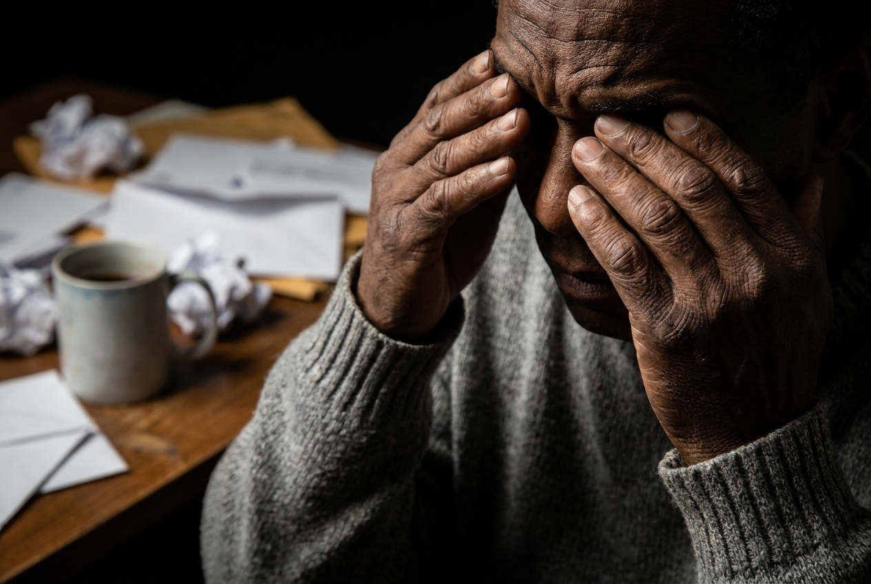 Close-up of a person's hands massaging their temples in exhaustion.