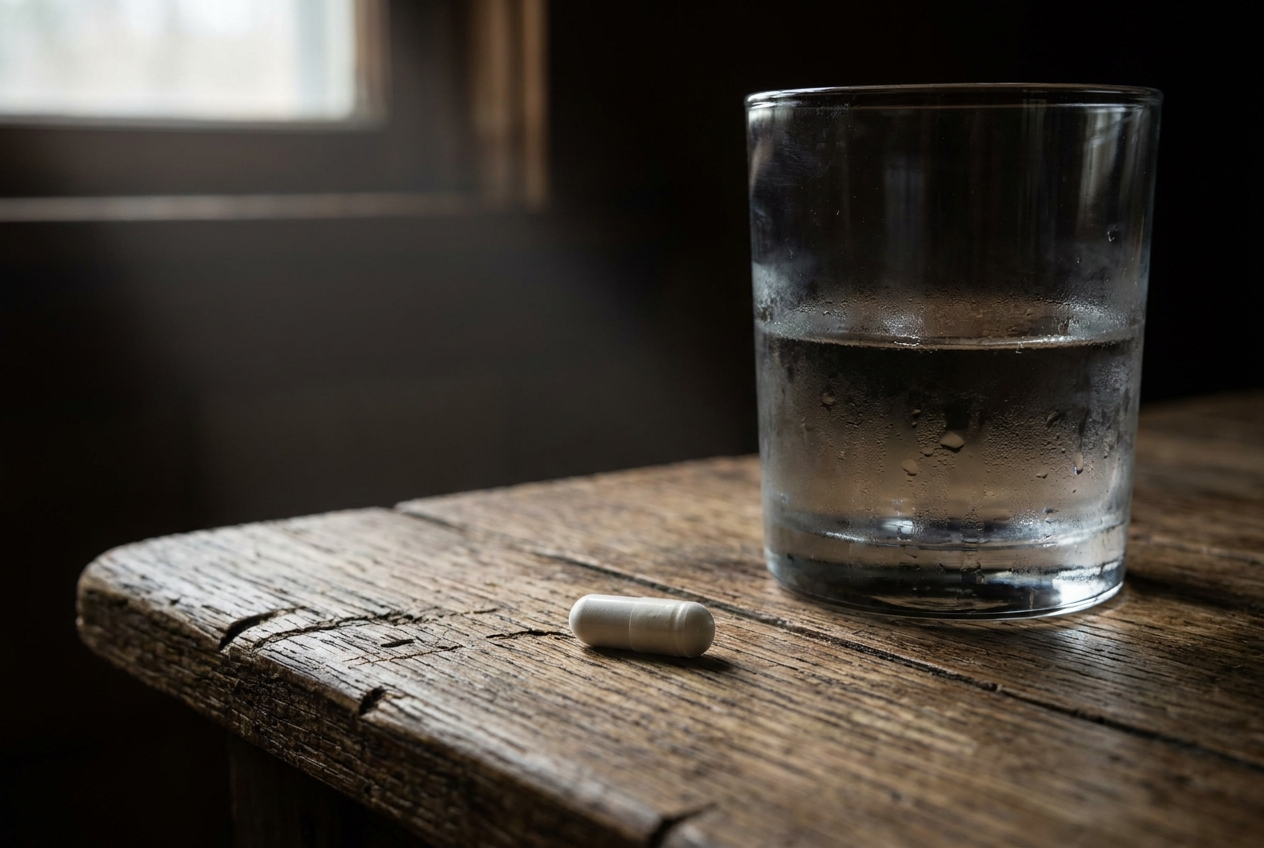 Single supplement capsule next to a glass of water on a wooden table