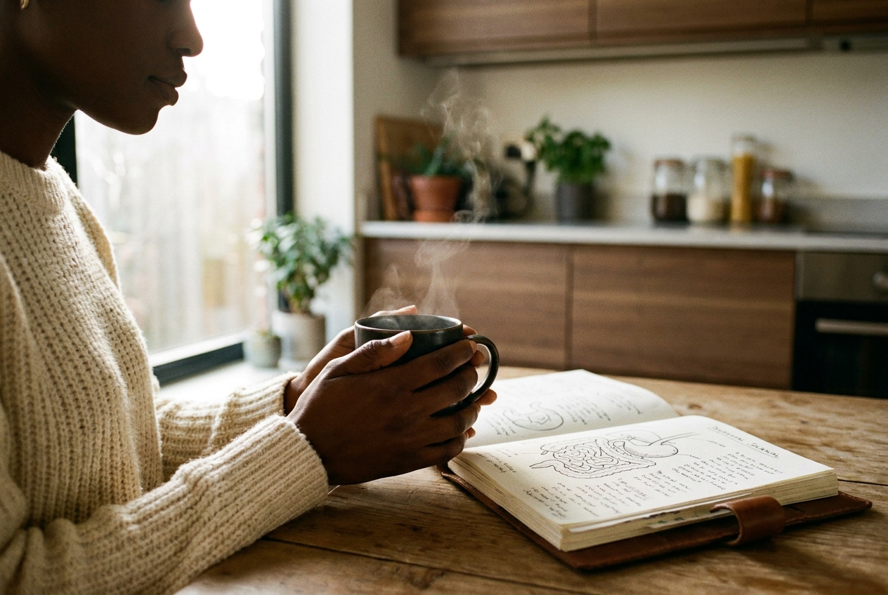 Hands of a woman holding a ceramic mug next to an open medical journal.
