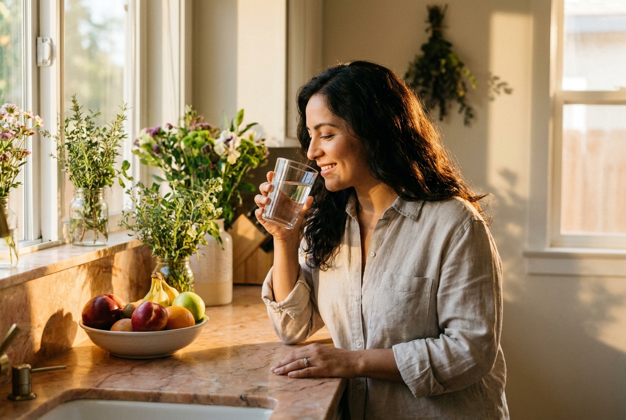 A smiling Latina woman drinking a glass of water in a sunlit kitchen, representing healthy digestion and vitality.