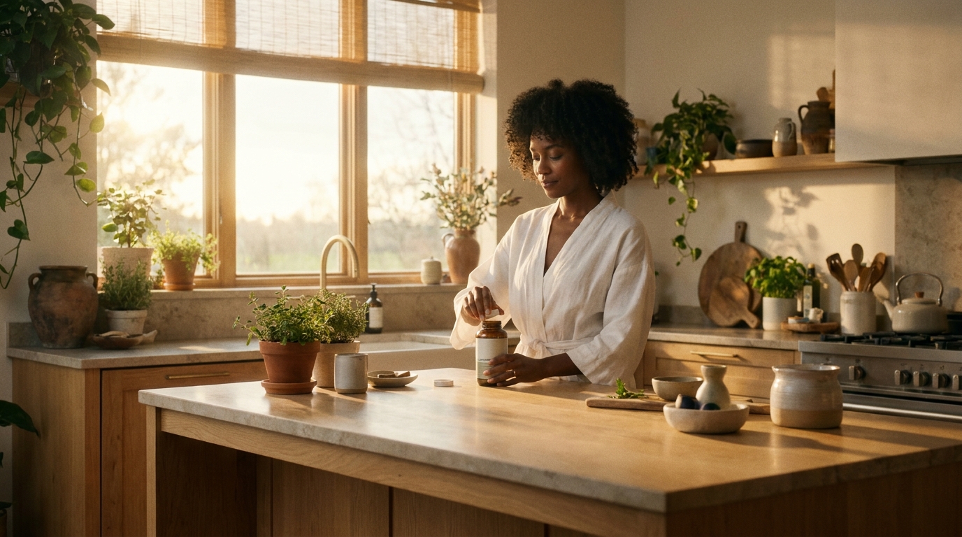 A woman organizing her morning wellness routine with a supplement bottle in a sunlit kitchen.