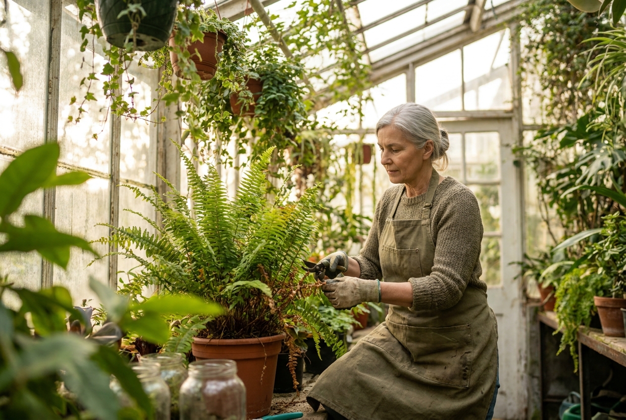 An older woman carefully tending to a lush green fern in a sunlit indoor garden.
