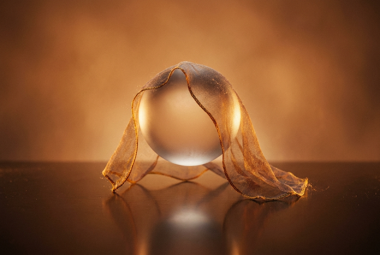 A translucent glass sphere draped in a delicate, veil-like fabric suspended against a warm background