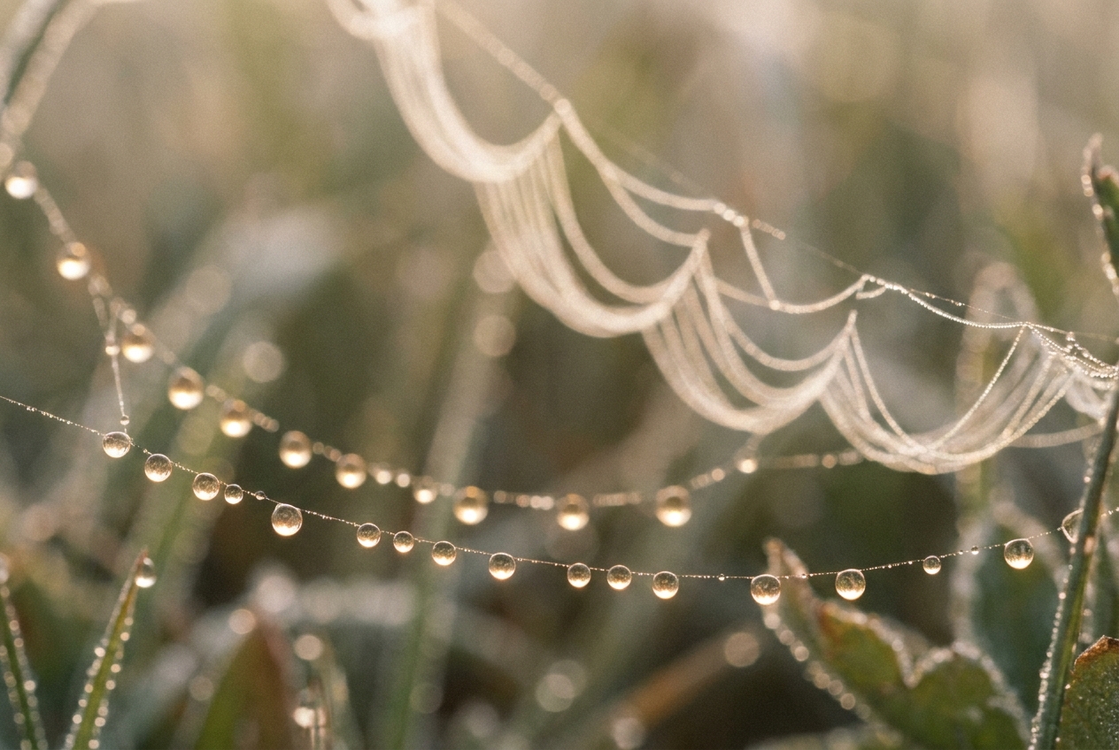 Macro shot of dew droplets on a spider web, individual drops beside a connected structure