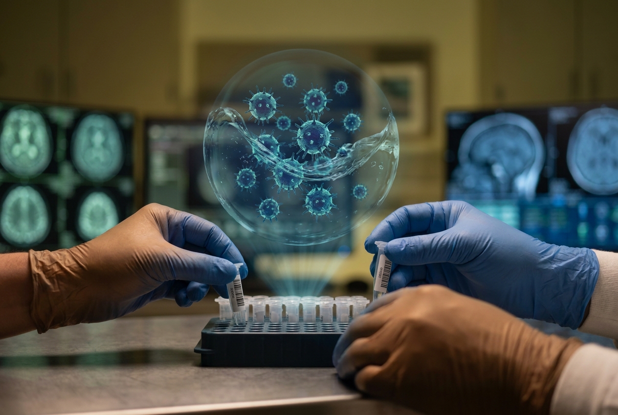 Hands loading cerebrospinal fluid sample tubes with a glowing cluster of immune cells visualized above them