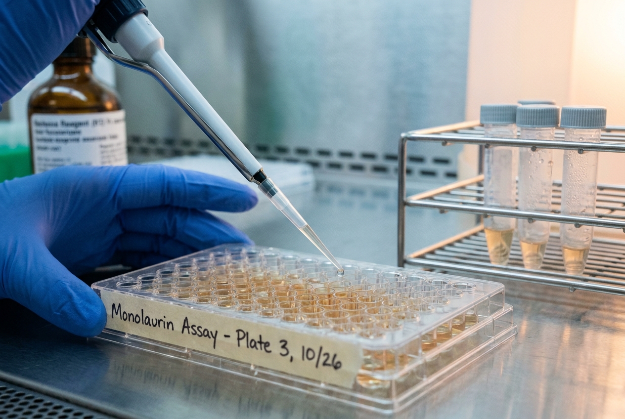 Gloved hand pipetting a droplet into a 96-well microplate on a laboratory bench.