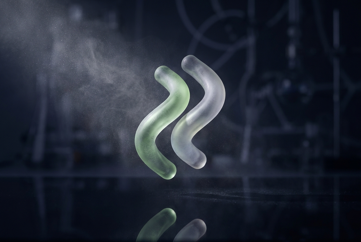 Two nearly identical translucent glass sculptural forms, one tinted green and one white, suspended and almost touching