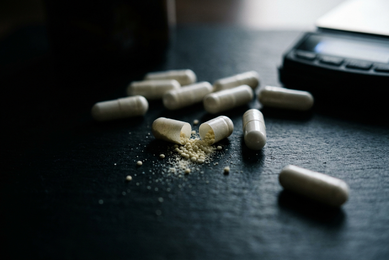 Macro still life of white supplement capsules, one opened to show pellets, beside a small digital scale.