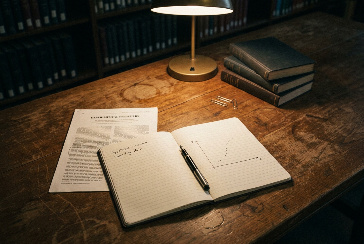 Open notebook with a hand-drawn empty graph axis beside a journal article on a library table.