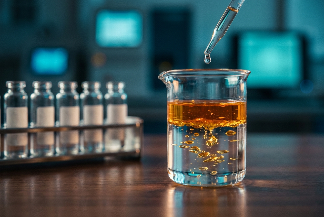 A pipette releasing a drop into a beaker of oil and water, with golden droplets dispersing through the liquid