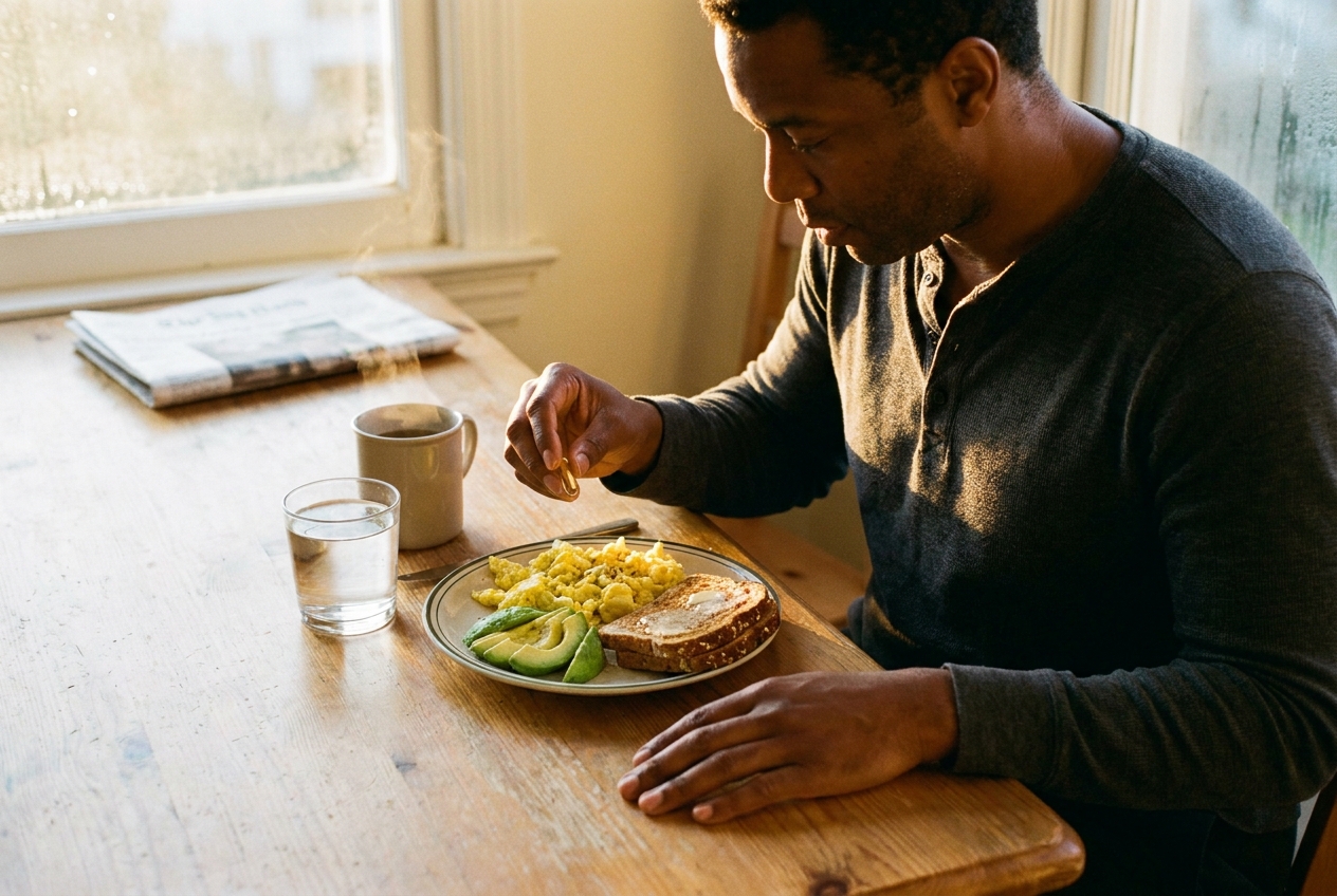 Man at a breakfast table holding a supplement capsule above a plate of eggs, avocado and toast.
