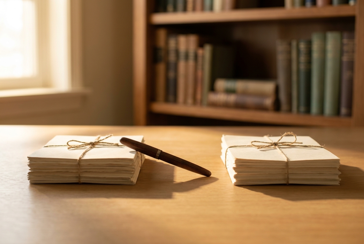 Two separate stacks of research papers resting side by side on a desk with a gap between them