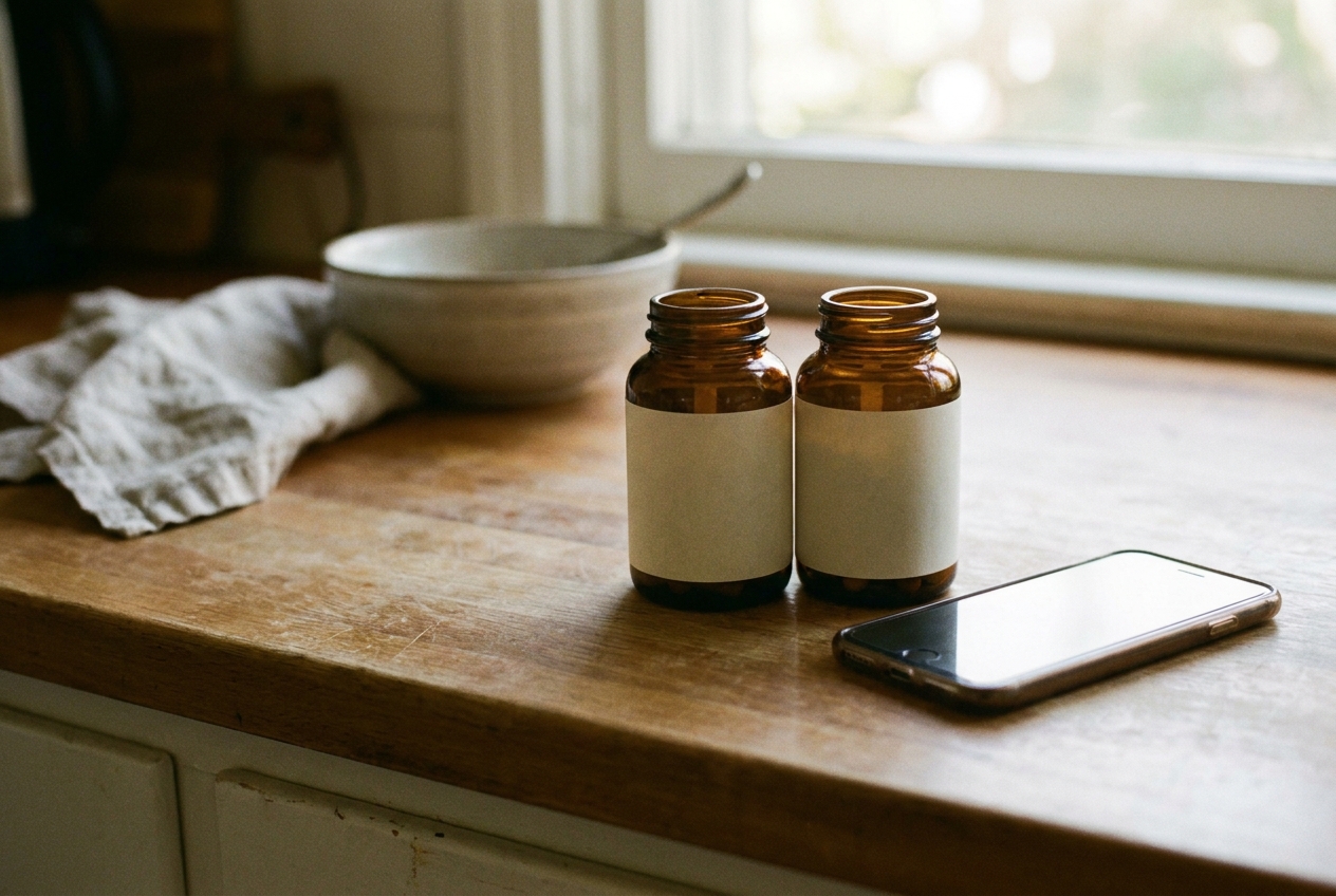 Two unlabeled supplement bottles side by side on a counter next to a phone