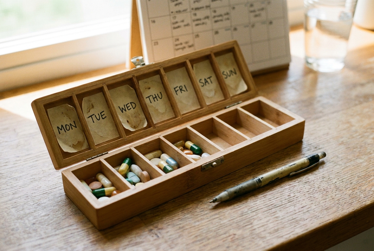 An open weekly pill organizer with capsules loaded into several compartments