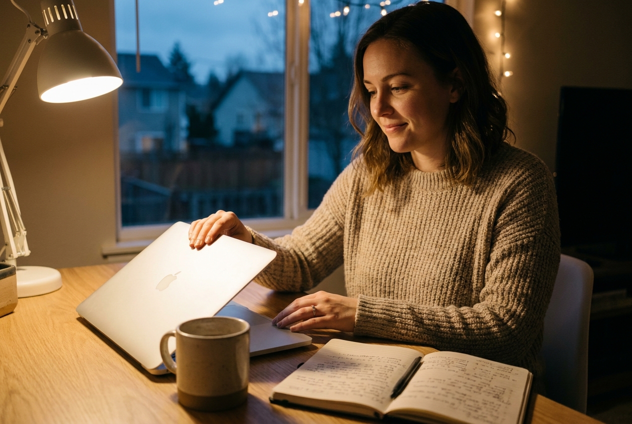 Woman closing her laptop at a home desk with a calm, satisfied expression