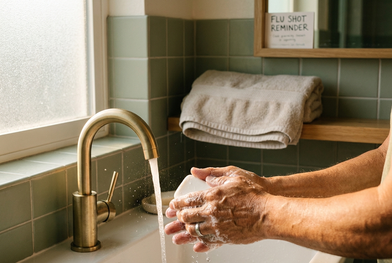 Hands lathering soap under a running faucet in a warmly lit bathroom
