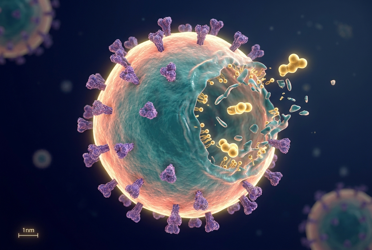 Illustration of a virus particle whose fatty outer envelope is disrupted by lipid molecules