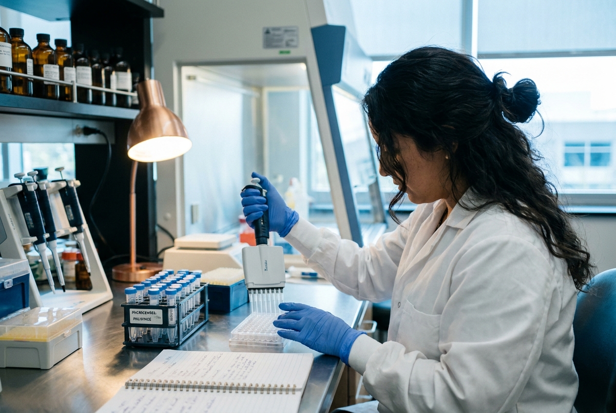Gloved researcher pipetting liquid into a 96-well cell culture plate in a microbiology lab